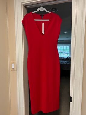 Aqua Bold Red V-Neck Midi Dress
